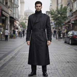 Gabardina larga negra extragrande para hombre: abrigo informal, resistente al viento, con doble botonadura y cinturón.