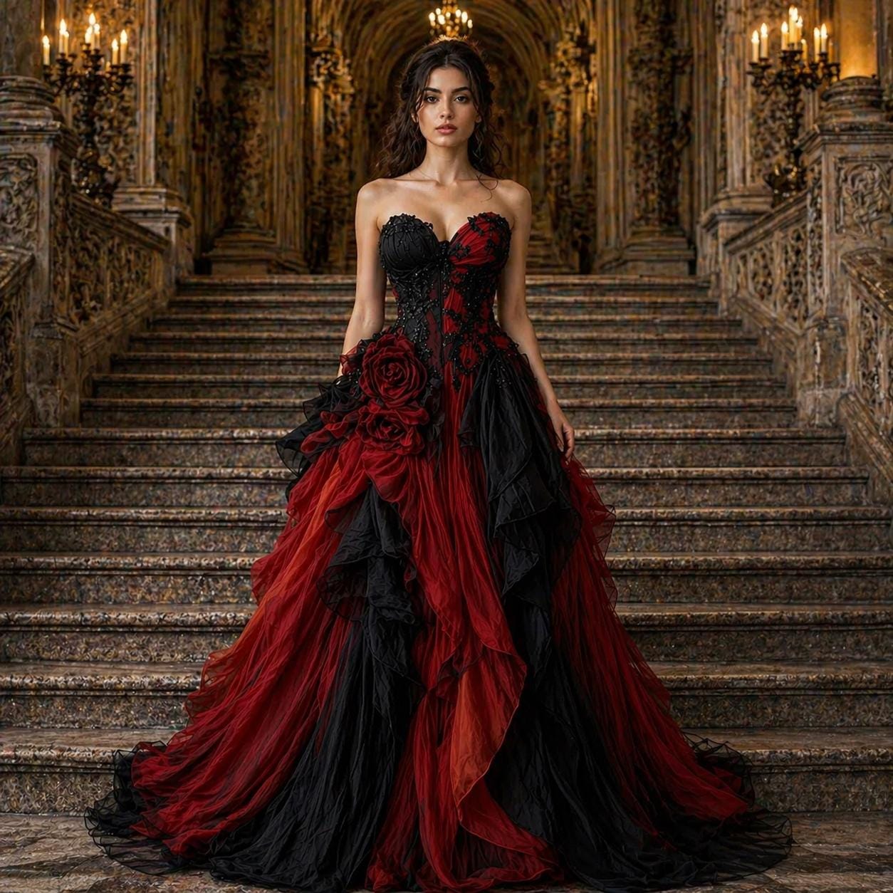 strapless open back dress Black Tulle and Red Sequins Long Prom Dress, Off the Shoulder Evening main image 1
