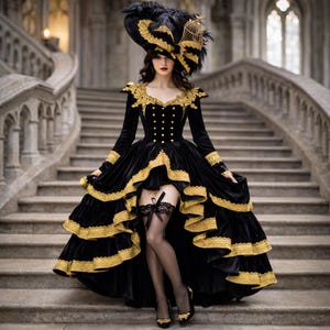 Può includere: Un abito in velluto nero con finiture e dettagli dorati, con orlo alto-basso e maniche lunghe. L'outfit include un cappello abbinato con piume e un dettaglio a gabbia per uccelli. L'abito è indossato con calze e tacchi neri, creando un'estetica gotica.