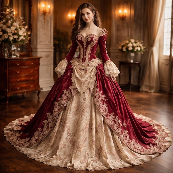 Burgundy Velvet Ball Gown, Gold Embroidered Corset Dress, Victorian Renaissance Formal Gown