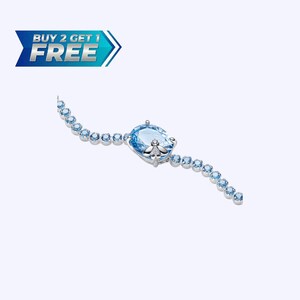 Silver slider tennis bracelet with blue crystals and a small bee detail on the center stone, Bridgerton jewelry