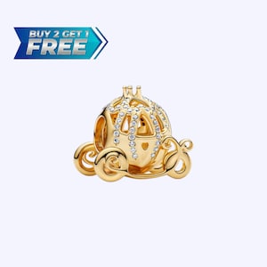 Adorno de carruaje de Cenicienta, carroza de calabaza de cuento de hadas, bicolor, plata y oro, compatible con cadena europea, regalo de ensueño de princesa.