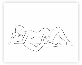Lovers art print. Erotic line drawing. Man and woman - sex sketch for bedroom decor.