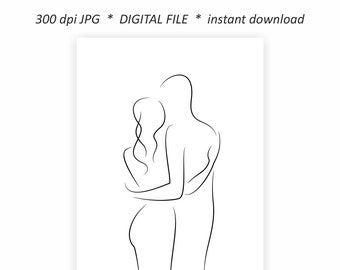 Digital download - Couple from back sketch. Minimalist line drawing for bedroom.