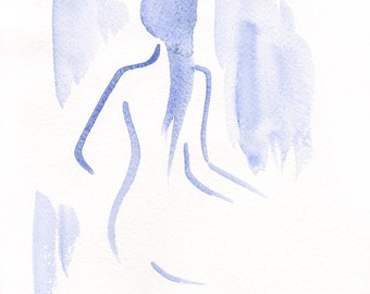 Nude figure from back view in few lines. Original watercolor sketch. Blue figure drawing.