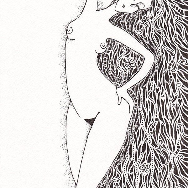 Original black and white ink pen drawing of a standing nude figure with long hair. Art for bedroom. Home decor.