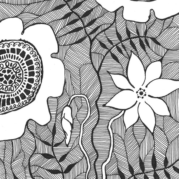 Original ink drawing of flowers. Black and white floral illustration. Patterned zentangle inspired craphics. A5