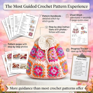 Infographic: "The Most Guided Crochet Pattern Experience." Features a white and orange floral crochet backpack surrounded by pattern materials: a Pattern Handbook, step-by-step photo pages, a 1-page Cheat Sheet, and a Progress Tracker clipboard.