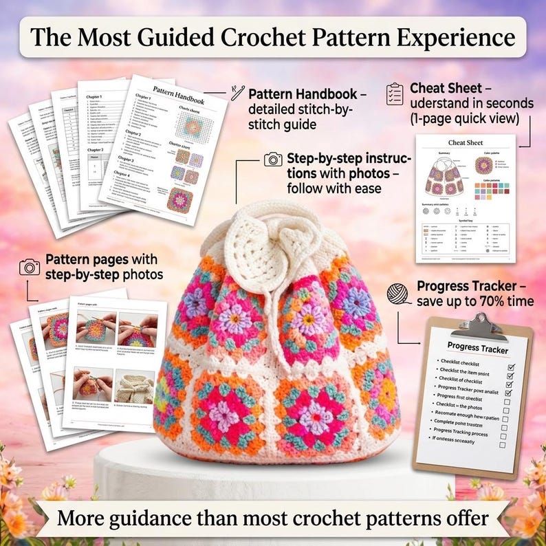 Infographic: "The Most Guided Crochet Pattern Experience." Features a white and orange floral crochet backpack surrounded by pattern materials: a Pattern Handbook, step-by-step photo pages, a 1-page Cheat Sheet, and a Progress Tracker clipboard.