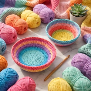 Puede incluir: Dos cuencos de ganchillo hechos a mano en colores arcoíris, rodeados de ovillos de lana en varios tonos. Un ganchillo de madera descansa cerca. Los cuencos y la lana sugieren un tema de artesanía, perfecto para decoración del hogar o regalos hechos a mano.