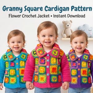 Patrón de crochet para chaqueta de cuadros con flores de abuela (PDF): Cárdigan para niñas de 2 a 3 años