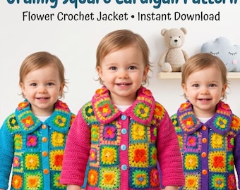 Vintage Finds | Granny Flower Square Jacket Crochet Pattern PDF: Toddler Cardigan 2–3 Years