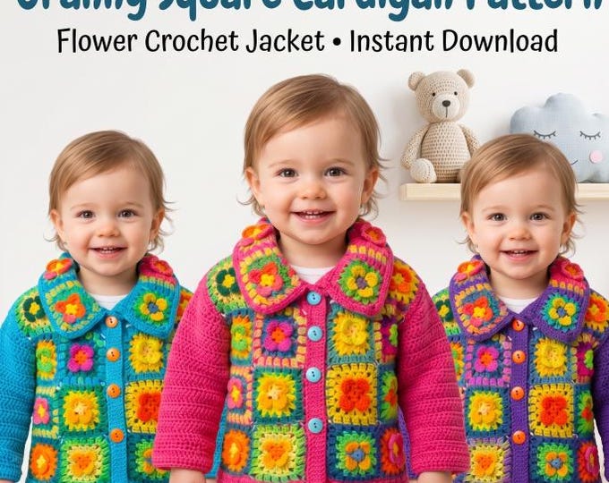 Vintage Finds | Granny Flower Square Jacket Crochet Pattern PDF: Toddler Cardigan 2–3 Years