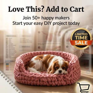 May include: A Cavalier King Charles Spaniel dog rests in a pink, chunky-knit pet bed. The image includes text that says "Love This? Add to Cart" and "Limited Time Sale". The bed is on a wooden surface.