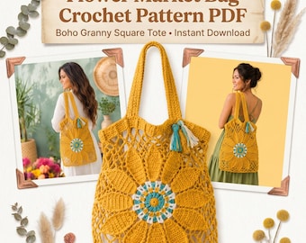 Patrón de ganchillo para bolso de mercado de flores en PDF, patrón de bolso tote cuadrado de la abuela, descarga digital de bolso de mercado de ganchillo estilo boho