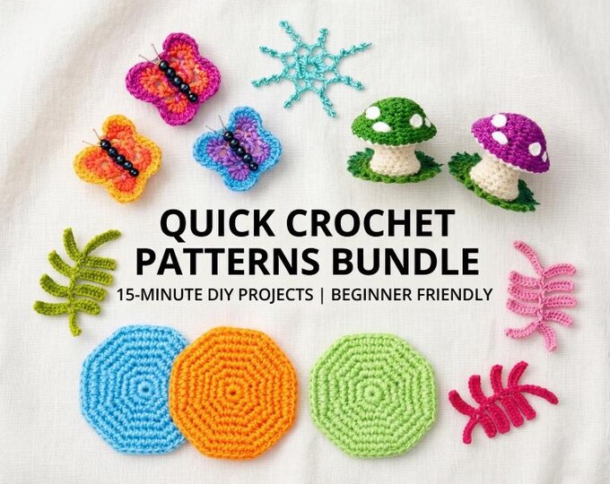 Vintage Finds | Quick Crochet Patterns Bundle PDF | 15 Minute Crochet Project | Beginner Amigurumi Butterfly Snowflake Mushroom Cup Mat Leaf