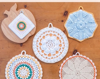 Interior Design | Crochet Potholder Pattern Bundle PDF, Kitchen Hot Pad Set, Folk Circle Daisy Rose Vintage Medallion