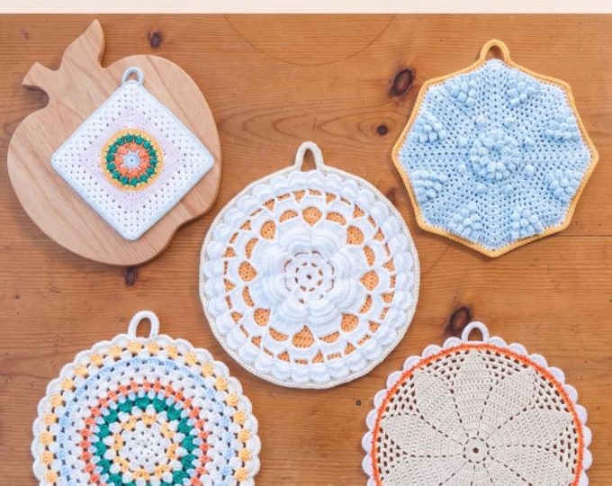 Interior Design | Crochet Potholder Pattern Bundle PDF, Kitchen Hot Pad Set, Folk Circle Daisy Rose Vintage Medallion