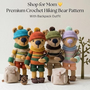 Patrón de oso de senderismo a crochet en PDF, oso amigurumi con mochila, patrón de ropa para muñeco de osito de peluche, lindo juguete de animal a crochet