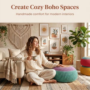 May include: An interior scene with the text "Create Cozy Boho Spaces" and "Handmade comfort for modern interiors." A woman sits on the floor with a mug, surrounded by boho decor, including framed art, a macrame wall hanging, and a colorful pouf.