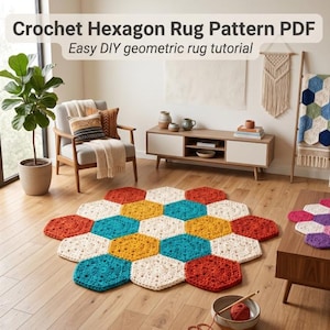 May include: A colorful, handmade crochet hexagon rug in a living room setting. The rug features a geometric pattern with red, white, yellow, and teal hexagons. The text "Crochet Hexagon Rug Pattern PDF" is at the top of the image.