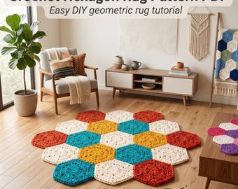 Crochet Hexagon Rug Pattern PDF, Hexie Rug Crochet Pattern, Geometric Floor Mat, Chunky Yarn Carpet, Interior Design DIY