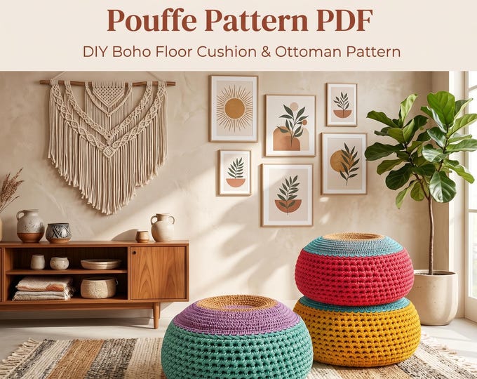 Crochet Moroccan Pouffe Pattern PDF, Floor Cushion Pouf Ottoman, Boho Home Decor, Chunky Yarn Crochet Pattern, DIY Footstool
