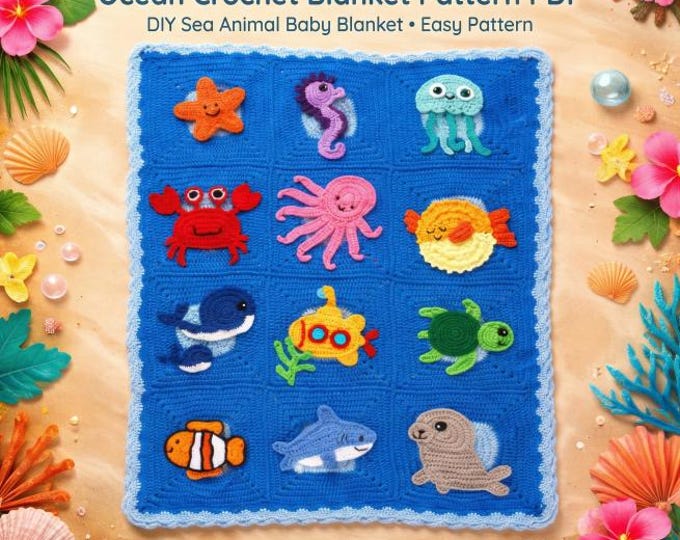 Thrifting | Ocean Crochet Blanket Pattern PDF | Sea Animal Baby Blanket | Amigurumi Applique Afghan | Kids Crochet Blanket Pattern DIY