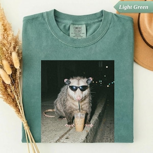 Comfort Colors® Possum Drinking Iced Coffee Shirt, Funny Animal Tee, Sarcastic Meme Gift, Trendy Wildlife Graphic, Vintage Farm Life Shirt
