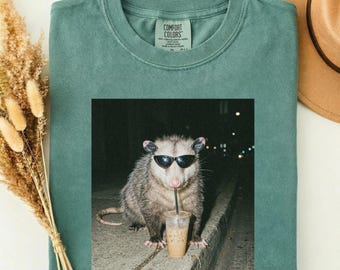 Comfort Colors® Possum Drinking Iced Coffee Shirt, Funny Animal Tee, Sarcastic Meme Gift, Trendy Wildlife Graphic, Vintage Farm Life Shirt