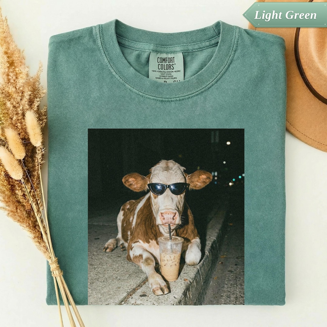 Comfort Colors® Cow Drinking Iced Coffee Shirt, Funny Animal Meme Tee, Sarcastic Coffee Lo