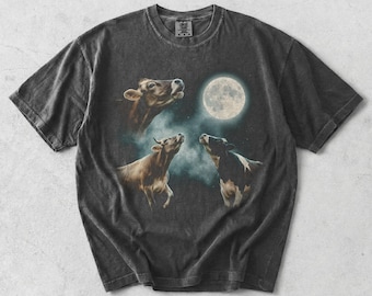 Vintage Faded Cows Mooing Moon Graphic Tee, Comfort Colors® Cow Lover Tshirt, Celestial Night Sky Farm Animal Gift, Whimsical Retro Style