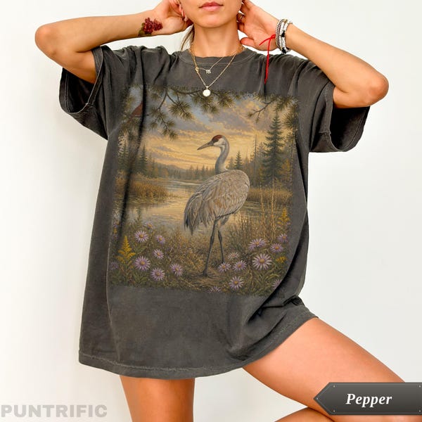 Vintage Sandhill Crane Shirt, Retro Bird Watching Graphic Tee, Rustic Nature Lover Gift, Cabincore Outdoorsy T-Shirt, Wild Bird Birder Tee