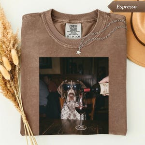 May include: A brown crewneck t-shirt with a graphic print of a dog wearing sunglasses sitting at a table with a wine glass and a bottle of wine. The shirt features a Comfort Colors label at the neck and a silver star pendant necklace resting on it.