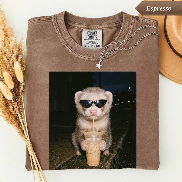Comfort Colors® Ferret Drinking Iced Coffee Shirt, Ferret Lover Gift, Funny Animal Meme Tee, Quirky Coffee Shirt, Pet Owner Gift Idea, Cute