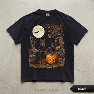 Doberman Halloween Shirt, Doberman Pinscher Fall Graphic Tee, Spooky Jack-O-Lantern Dog Lover Gift, Autumn Doberman Mom Tee, Full Moon