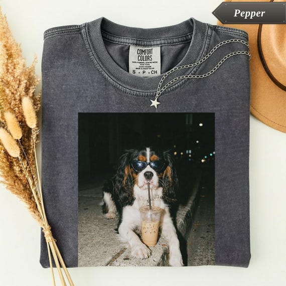 Comfort Colors® Cavalier King Charles Spaniel Drinking Iced Coffee Shirt, Dog Meme Graphic Tee, Funny Pet Owner Gift, Coffee Lover Shirt