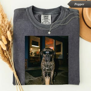 May include: A charcoal grey crew neck t-shirt featuring a graphic print of a brindle dog wearing black sunglasses, sitting in front of a storefront with a plastic cup in front of it. The shirt has a Comfort Colors label at the inner neckline.