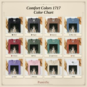 Comfort Colors 1717 t-shirt color chart with dog model.