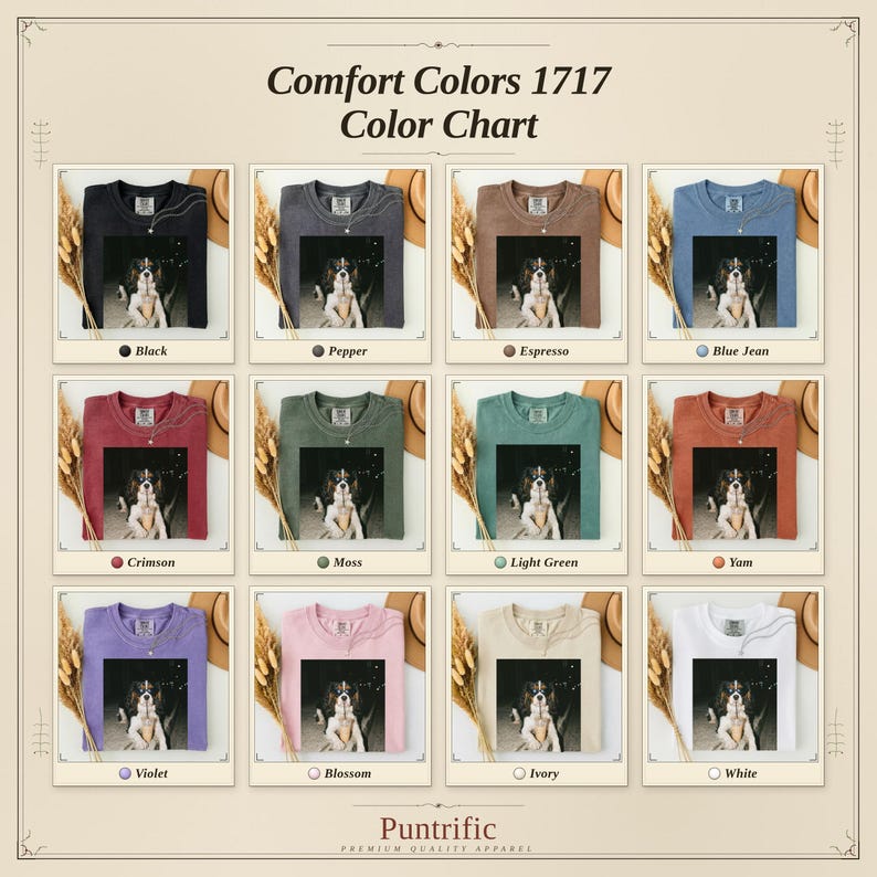 Comfort Colors 1717 t-shirt color chart with dog model.