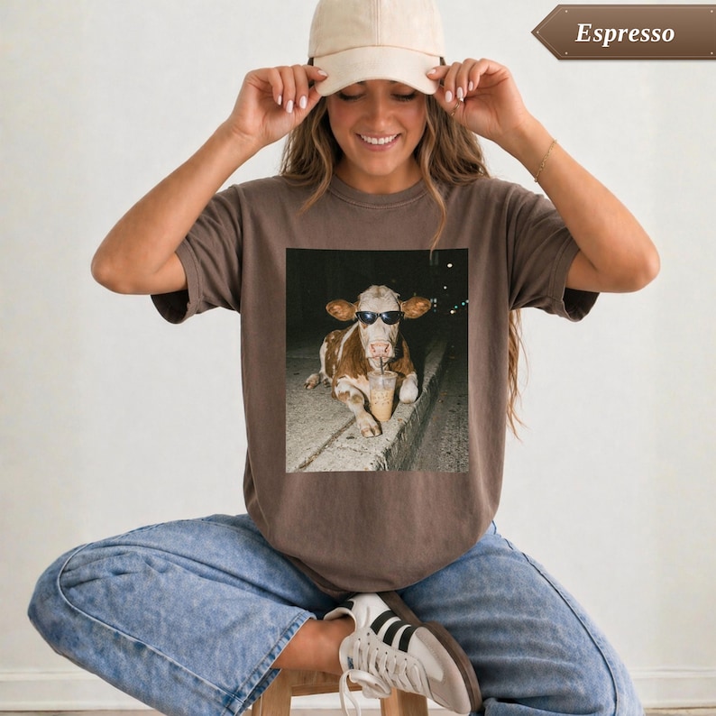 Comfort Colors® Cow Drinking Iced Coffee Shirt, Funny Animal Meme Tee, Sarcastic Coffee Lover, Graphic Tee, Cool Novelty Tee for Farmers image 7