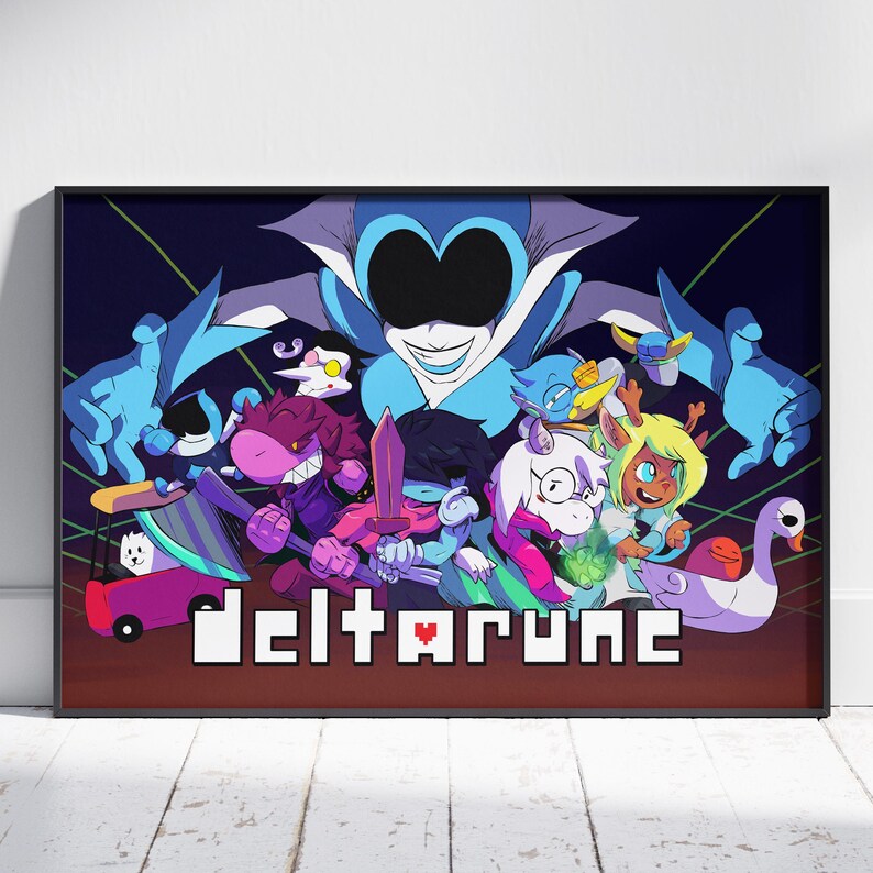 May include: A framed poster featuring a group of cartoon characters from the video game Deltarune. The characters are in various poses, with a dark blue background and the game's title at the bottom. The poster has a black frame.