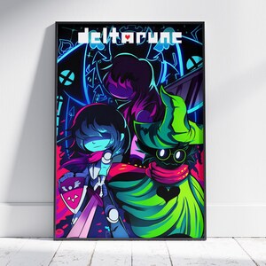 May include: A framed poster featuring characters from the video game Deltarune. The artwork showcases three characters in a vibrant, neon color palette of blues, greens, and pinks. The title "Deltarune" is displayed at the top in white. The poster is set against a dark background.
