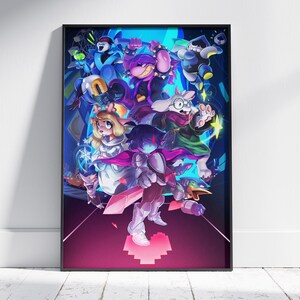 May include: A framed poster featuring a group of cartoon characters in a vibrant, colorful design. The characters are in various poses, with a heart shape at the bottom. The background is a mix of blue, purple, and pink hues.