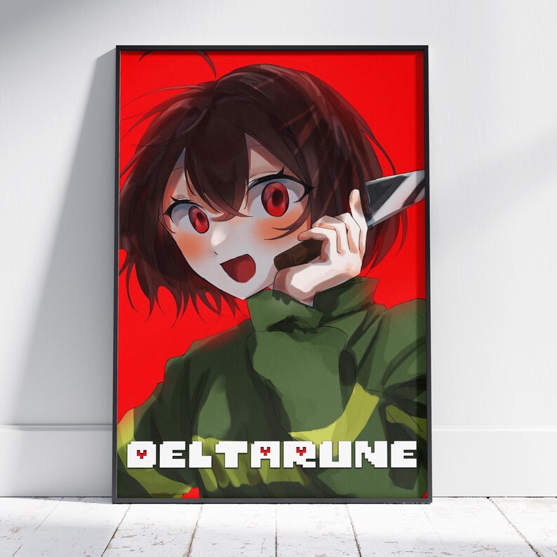 May include: A framed poster featuring an anime-style character with short brown hair, red eyes, and a green shirt, holding a knife. The background is red, and the word "DELTARUNE" is displayed in pixelated white letters.