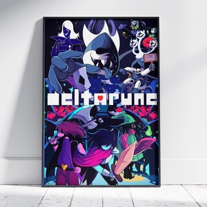 May include: A framed poster featuring characters from the video game Deltarune. The artwork showcases a vibrant, colorful design with characters in dynamic poses. The title "Deltarune" is prominently displayed with a heart symbol.