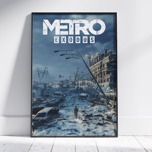 May include: Framed poster featuring the game "Metro Exodus." The artwork depicts a post-apocalyptic cityscape covered in snow and ice, with a lone figure walking through the ruins. The title is displayed in a distressed, white font against a dark, cloudy sky.