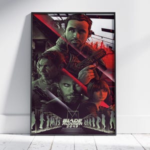May include: A framed poster for the film Blade Runner 2049. The artwork is dominated by a red and black colour scheme, with several characters depicted. The film's title, "Blade Runner 2049", is displayed at the bottom.