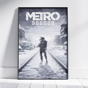 May include: Framed poster featuring the game "Metro Exodus." The artwork depicts a soldier in a snowy, post-apocalyptic environment, walking on train tracks. The game's title is displayed in large, distressed white lettering at the top.