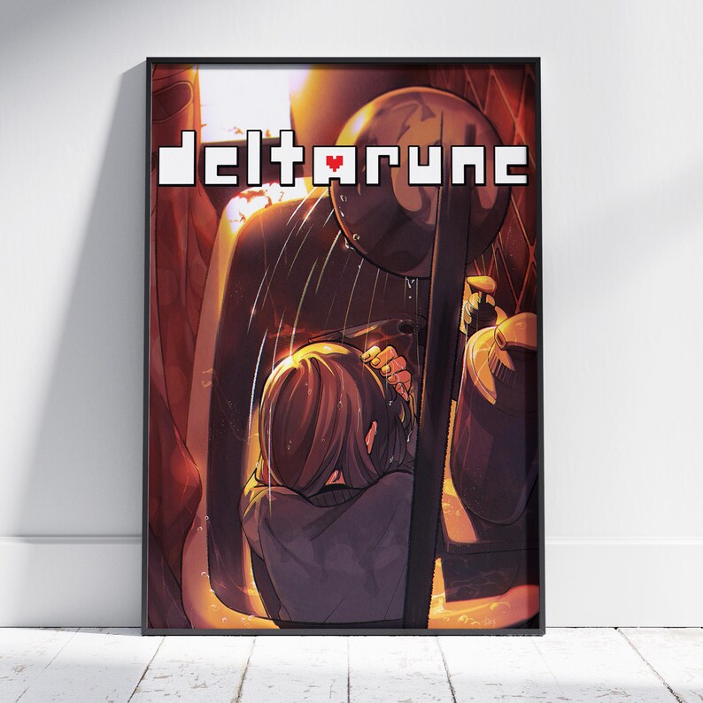 May include: Framed poster featuring artwork from Deltarune. The image depicts a person with brown hair in a dark gray sweater, with the word "deltarune" in white block letters at the top. The background is a mix of dark and warm colors.